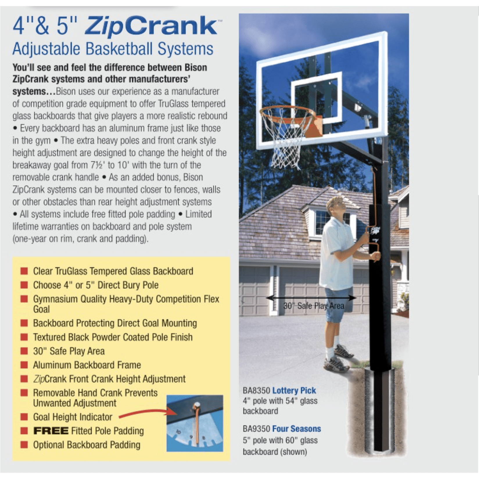 Bison Smoked Lottery Pick ZipCrank 4" Adjustable Basketball Hoop BA8350S