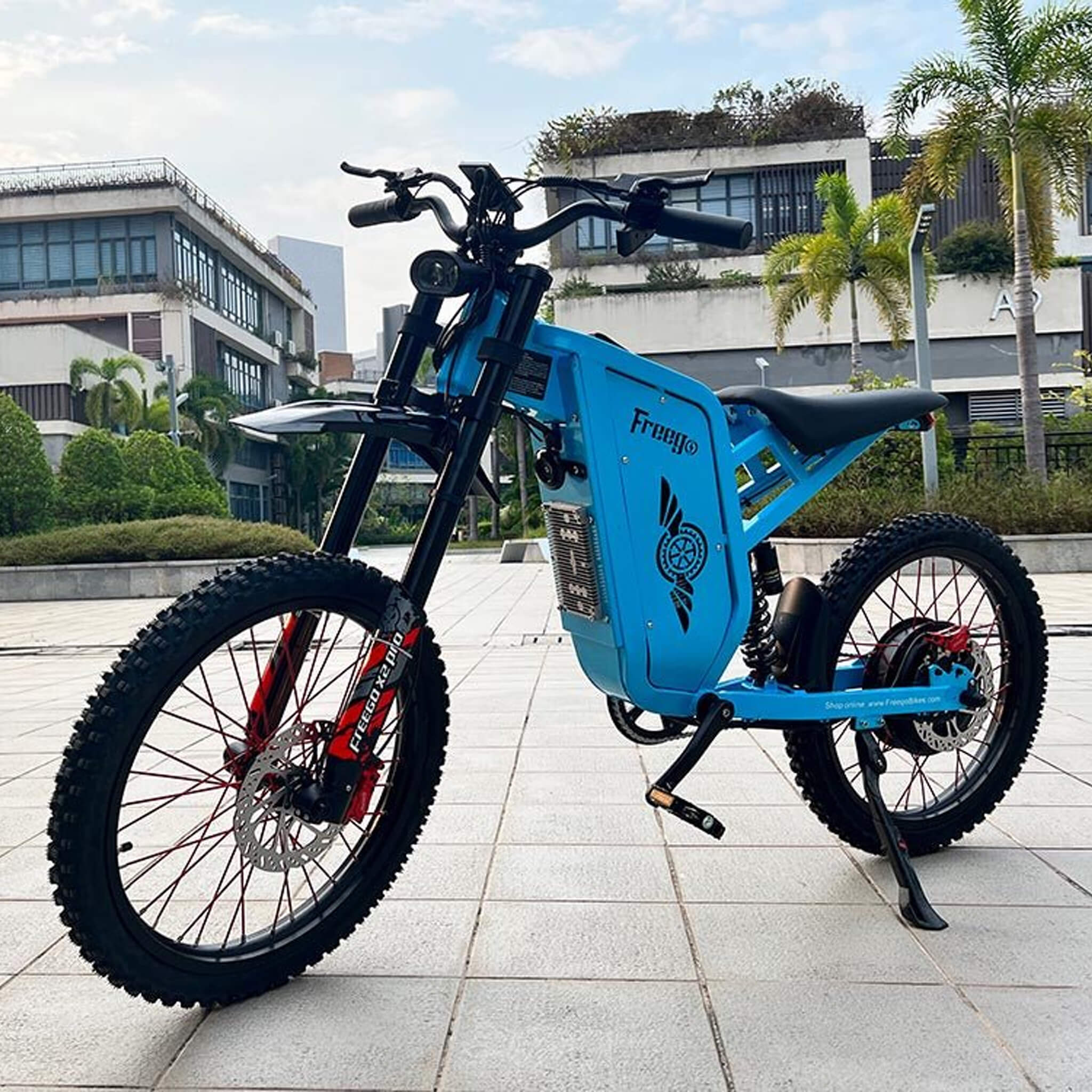 Freego X2 All Terrain Mountain Off Road Motorcycle Lifestyle Gray On Sidewalk