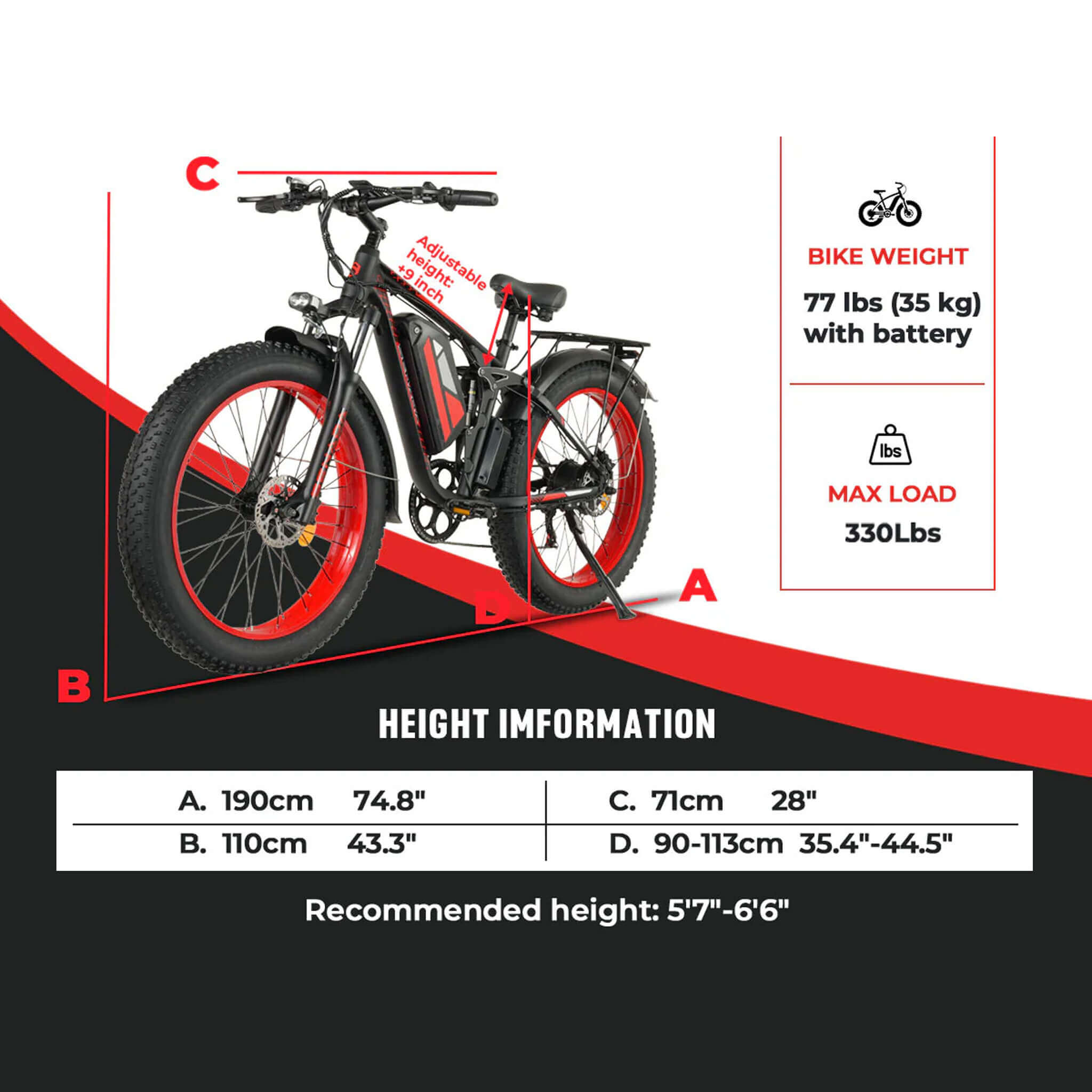 Senada Viper Plus 48V/20AH 1000W Electric All-Terrain Bike, 330LBS (SAK52186)